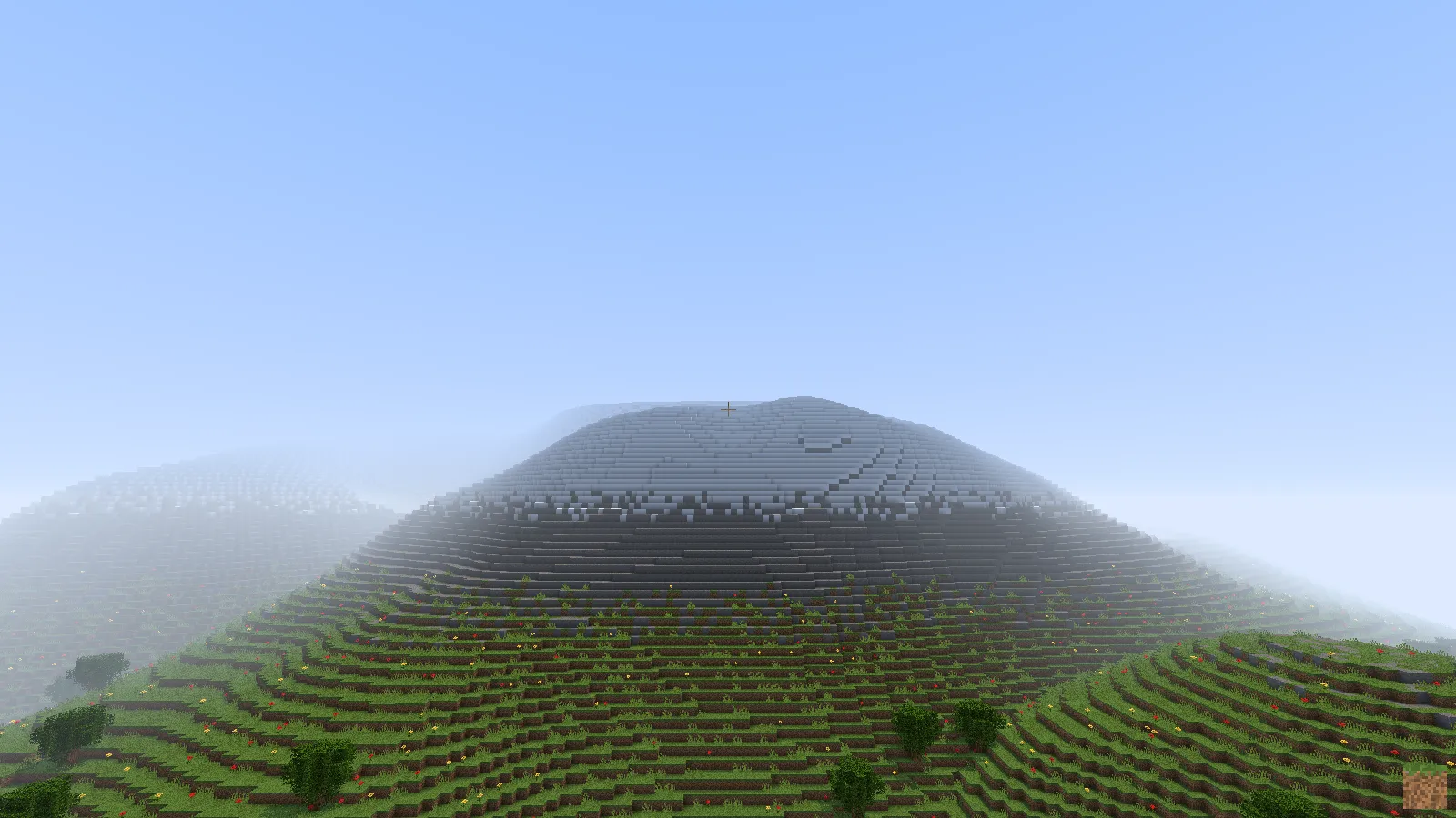 4k-minecraft at noon near the spawn, grass terraces with flowers and trees below a snowy mountain