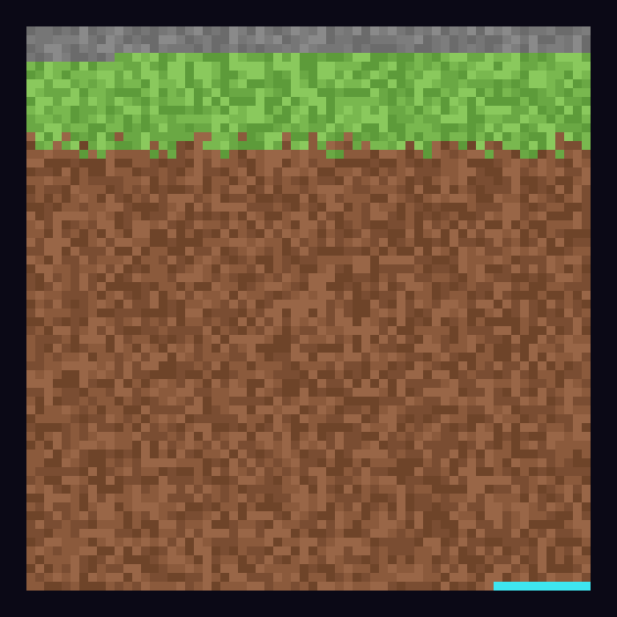 The 4085 bytes of the page drawn as a 64x64 grass block: a grey stone strip for the decoder, then grass and dirt for the deflate stream, and a short cyan line of free bytes at the end