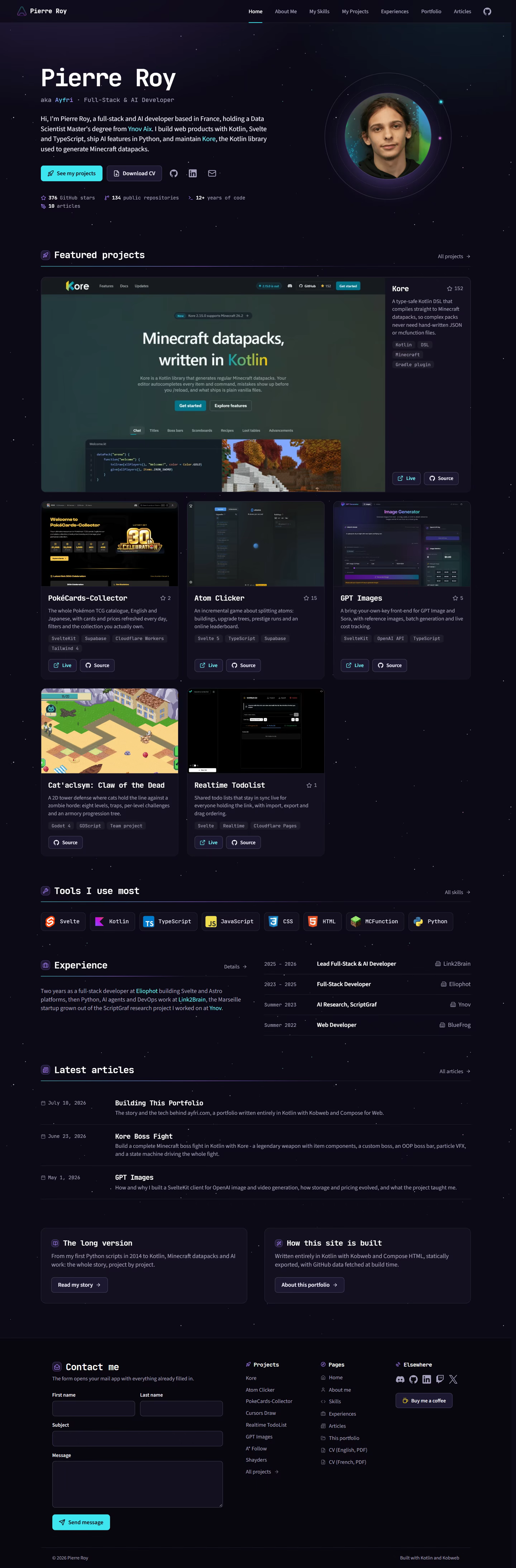 The October 2026 version of the portfolio, with a hero next to an animated orbit around my photo, featured projects, top skills, experiences and articles on the home page